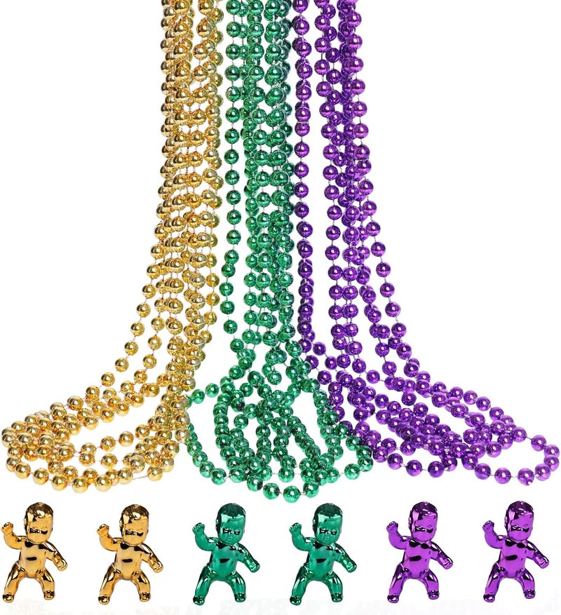 ZZYFGH Mardi Gras Bead Necklace 12 Pcs and Mini King Cake Babies 6 Pcs Metallic Gold Purple Green Party Costume Accessory - Image 1
